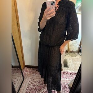 H&M Black Metallic Semi Sheer Tiered Whimsy Goth Midi Dress